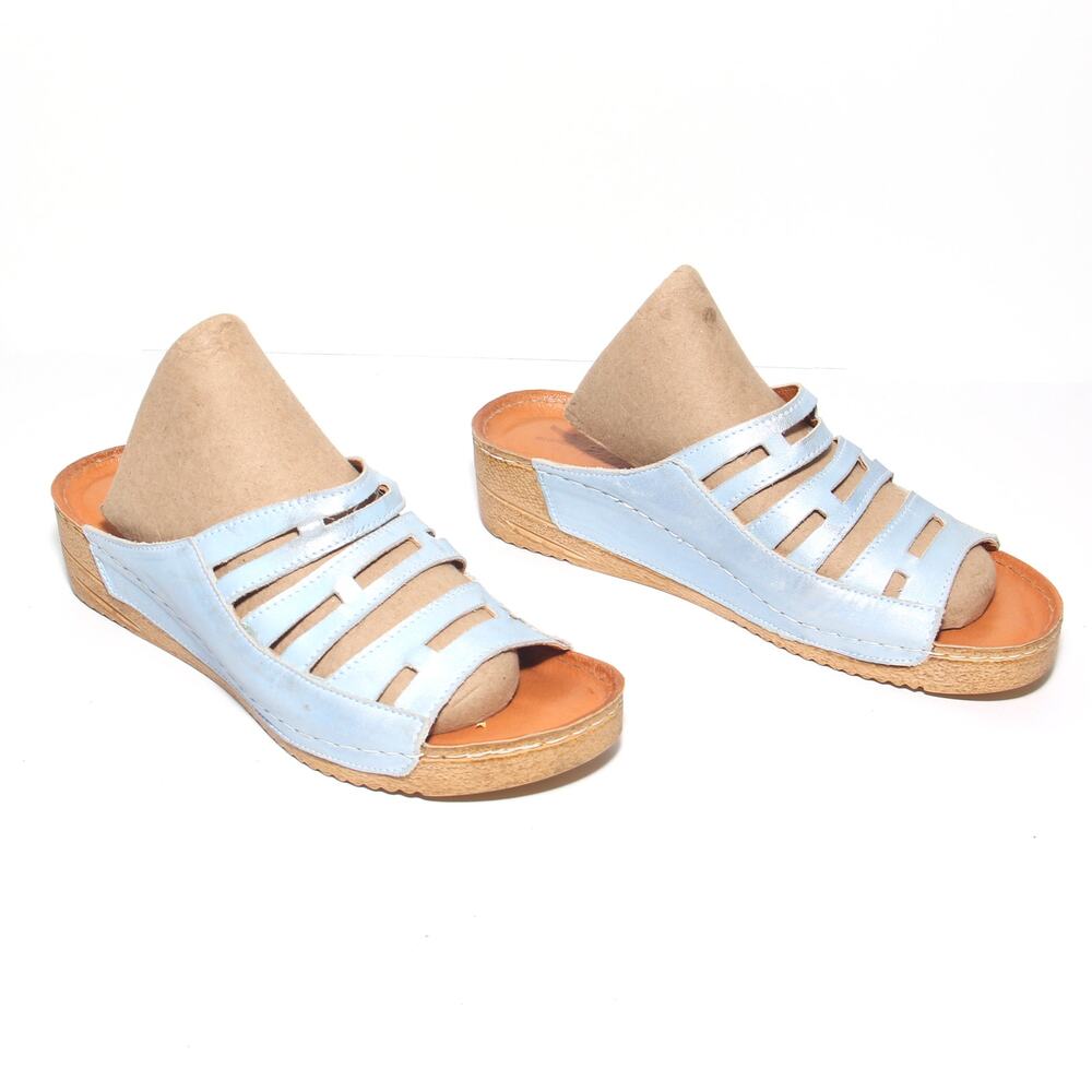 V Italia Platform Wedge Slides Blue Leather Sandals Size EU39